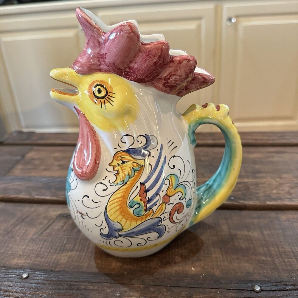 Williams Sonoma 8” Ceramic Made in Italy Handpainted Rooster Dragon Pitcher